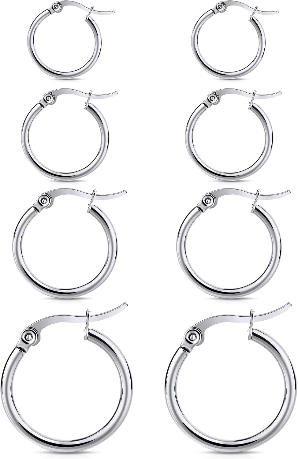 4 Pairs Gold Hoop Earrings for Women. Surgical Steel Small Huggie Set | 14K Gold Plated Stainless Steel. Hypoallergenic. 10/12/15/20mm. Snap Closure. Lightweight. Dangle.