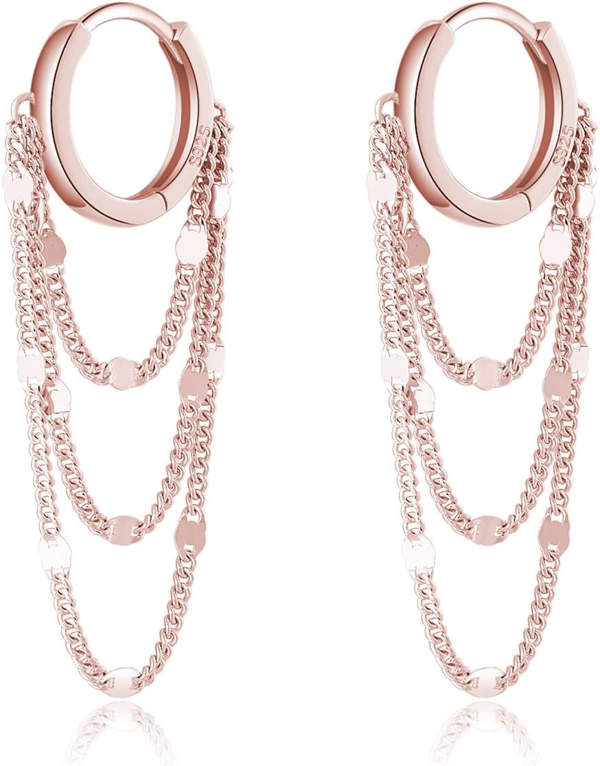 Solid 925 Sterling Silver Chain Hoop Earrings Dangle for Women Teen Girls Tassel Chain Drop Earrings Huggie Dangle Earrings