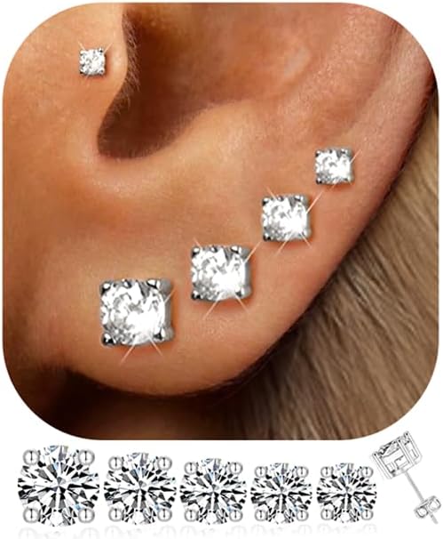 5 Pairs 14K Gold Plated Studs Earrings for Women. CZ Multiple Piercing Set | Hypoallergenic CZ Stud Earrings Set. 3-7mm Cubic Zirconia. Lightweight Comfortable Studs. Non Tarnish Jewelry.