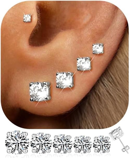 5 Pairs 14K Gold Plated Studs Earrings for Women. CZ Multiple Piercing Set | Hypoallergenic CZ Stud Earrings Set. 3-7mm Cubic Zirconia. Lightweight Comfortable Studs. Non Tarnish Jewelry.
