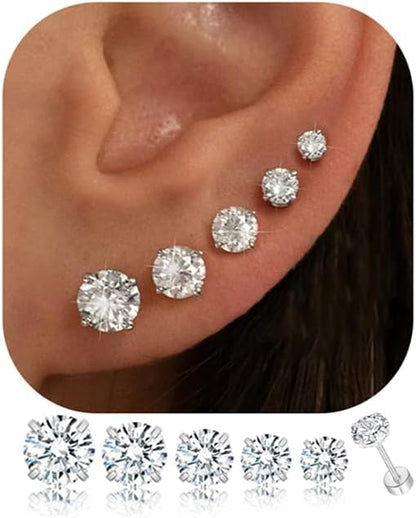 5 Pairs 14K Gold Plated Studs Earrings for Women. CZ Multiple Piercing Set | Hypoallergenic CZ Stud Earrings Set. 3-7mm Cubic Zirconia. Lightweight Comfortable Studs. Non Tarnish Jewelry.