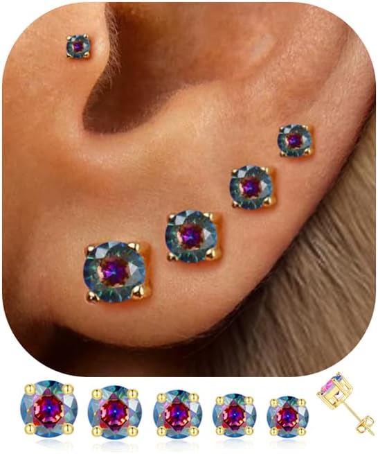 5 Pairs 14K Gold Plated Studs Earrings for Women. CZ Multiple Piercing Set | Hypoallergenic CZ Stud Earrings Set. 3-7mm Cubic Zirconia. Lightweight Comfortable Studs. Non Tarnish Jewelry.