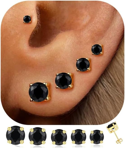 5 Pairs 14K Gold Plated Studs Earrings for Women. CZ Multiple Piercing Set | Hypoallergenic CZ Stud Earrings Set. 3-7mm Cubic Zirconia. Lightweight Comfortable Studs. Non Tarnish Jewelry.