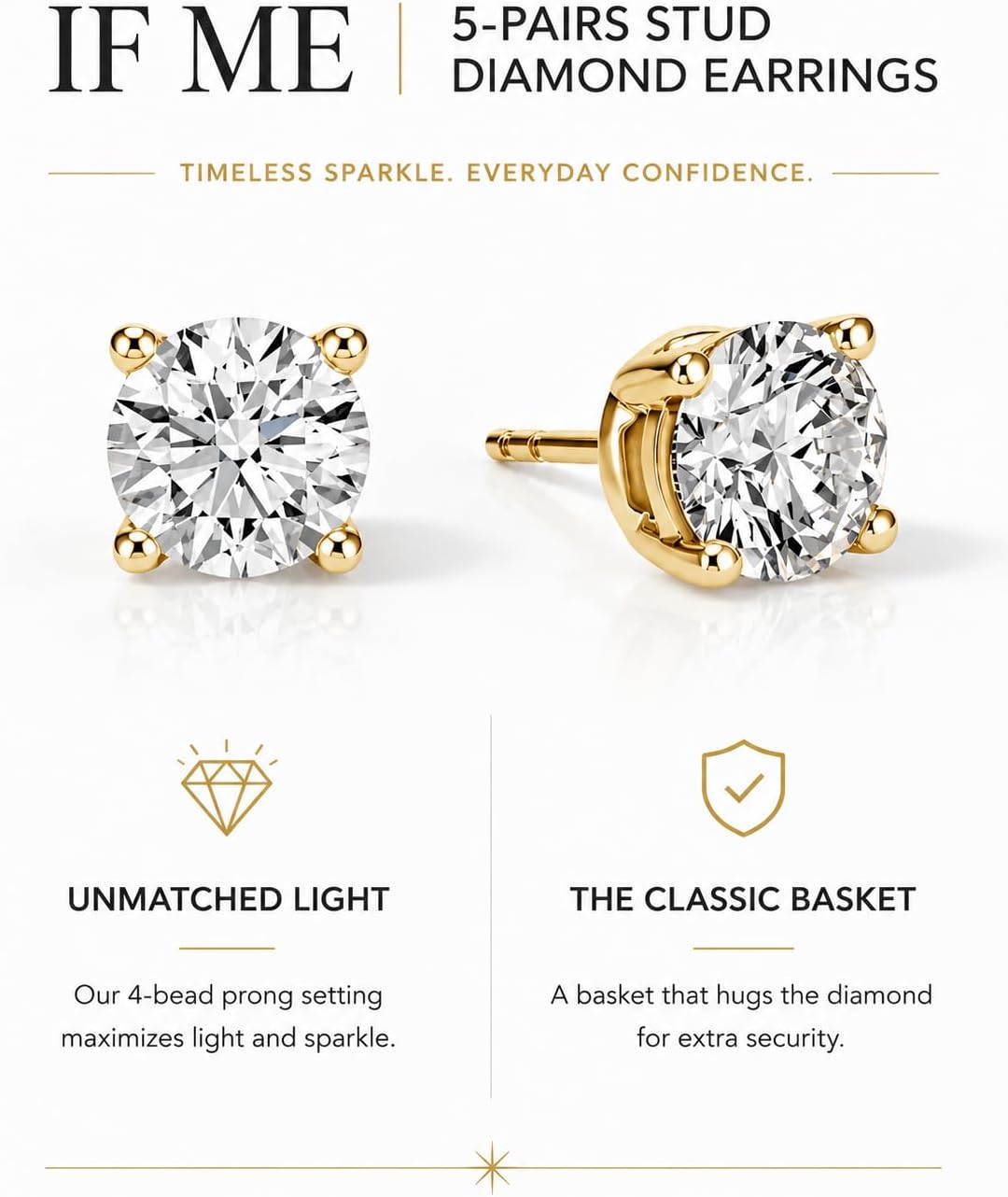 5 Pairs 14K Gold Plated Studs Earrings for Women. CZ Multiple Piercing Set | Hypoallergenic CZ Stud Earrings Set. 3-7mm Cubic Zirconia. Lightweight Comfortable Studs. Non Tarnish Jewelry.