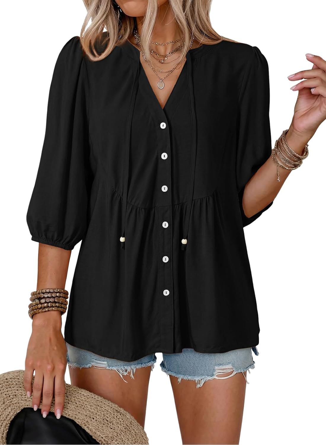 Button Down Shirts. V Neck. Tie Front. 3/4 Sleeve. Business Casual Tops. Loose Fit. Babydoll Peplum Blouses. Fashion Clothing