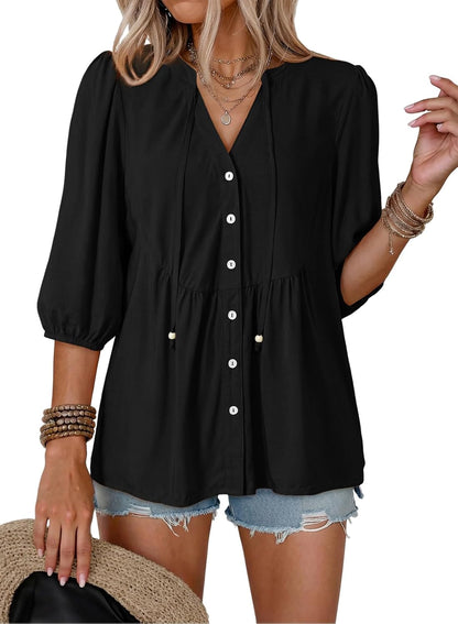 Button Down Shirts. V Neck. Tie Front. 3/4 Sleeve. Business Casual Tops. Loose Fit. Babydoll Peplum Blouses. Fashion Clothing