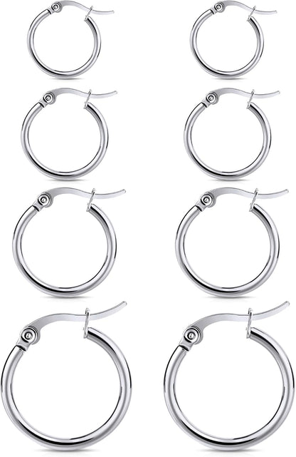 4 Pairs Gold Hoop Earrings for Women. Surgical Steel Small Huggie Set | 14K Gold Plated Stainless Steel. Hypoallergenic. 10/12/15/20mm. Snap Closure. Lightweight. Dangle.