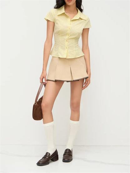 Women Y2k Gingham Button Down Shirt Cute V Neck Collared Slim Fit Short Sleeve Cinch Waist Tshirt Retro Going Out Top