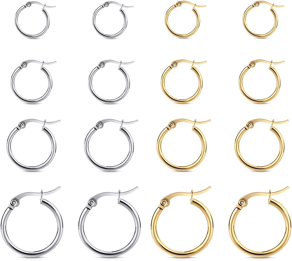 4 Pairs Gold Hoop Earrings for Women. Surgical Steel Small Huggie Set | 14K Gold Plated Stainless Steel. Hypoallergenic. 10/12/15/20mm. Snap Closure. Lightweight. Dangle.