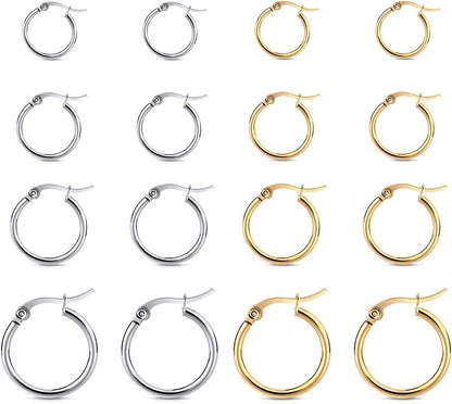 4 Pairs Gold Hoop Earrings for Women. Surgical Steel Small Huggie Set | 14K Gold Plated Stainless Steel. Hypoallergenic. 10/12/15/20mm. Snap Closure. Lightweight. Dangle.