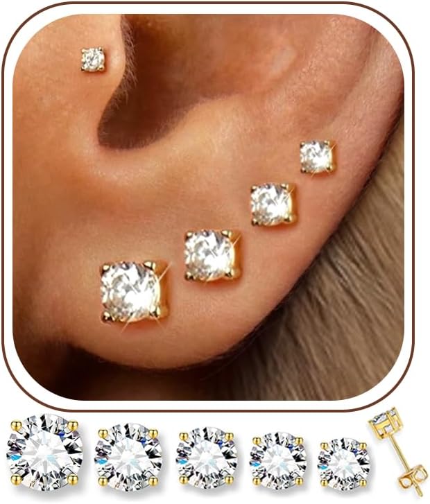5 Pairs 14K Gold Plated Studs Earrings for Women. CZ Multiple Piercing Set | Hypoallergenic CZ Stud Earrings Set. 3-7mm Cubic Zirconia. Lightweight Comfortable Studs. Non Tarnish Jewelry.