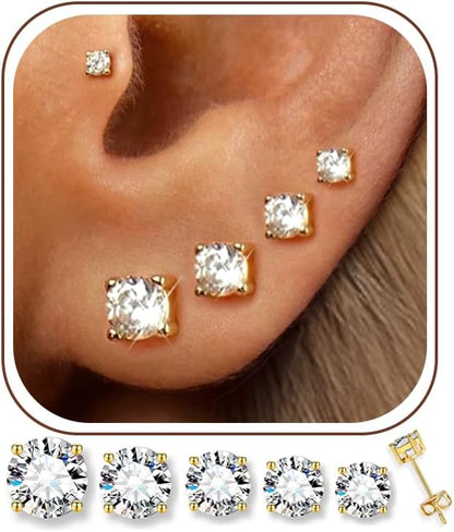 5 Pairs 14K Gold Plated Studs Earrings for Women. CZ Multiple Piercing Set | Hypoallergenic CZ Stud Earrings Set. 3-7mm Cubic Zirconia. Lightweight Comfortable Studs. Non Tarnish Jewelry.