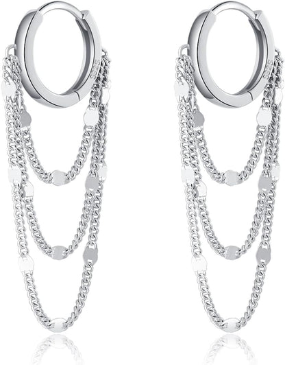 Solid 925 Sterling Silver Chain Hoop Earrings Dangle for Women Teen Girls Tassel Chain Drop Earrings Huggie Dangle Earrings