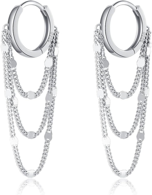 Solid 925 Sterling Silver Chain Hoop Earrings Dangle for Women Teen Girls Tassel Chain Drop Earrings Huggie Dangle Earrings