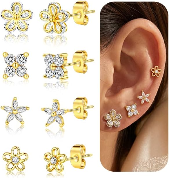 5 Pairs 14K Gold Plated Studs Earrings for Women. CZ Multiple Piercing Set | Hypoallergenic CZ Stud Earrings Set. 3-7mm Cubic Zirconia. Lightweight Comfortable Studs. Non Tarnish Jewelry.