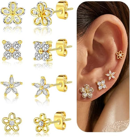 5 Pairs 14K Gold Plated Studs Earrings for Women. CZ Multiple Piercing Set | Hypoallergenic CZ Stud Earrings Set. 3-7mm Cubic Zirconia. Lightweight Comfortable Studs. Non Tarnish Jewelry.