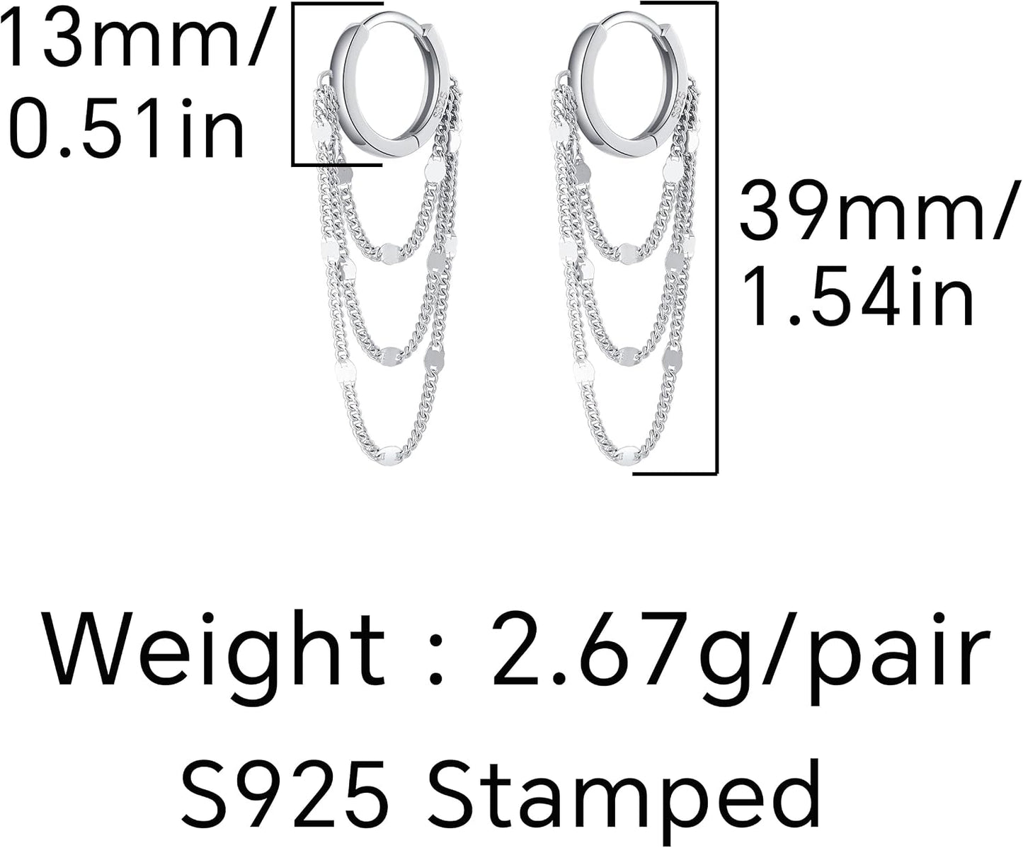 Solid 925 Sterling Silver Chain Hoop Earrings Dangle for Women Teen Girls Tassel Chain Drop Earrings Huggie Dangle Earrings