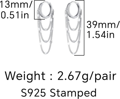 Solid 925 Sterling Silver Chain Hoop Earrings Dangle for Women Teen Girls Tassel Chain Drop Earrings Huggie Dangle Earrings