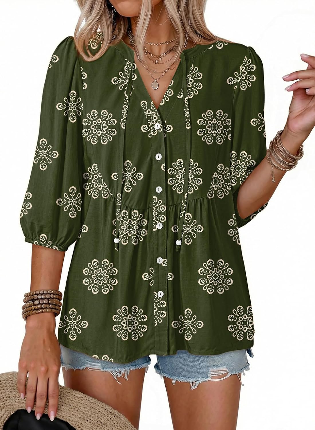 Button Down Shirts. V Neck. Tie Front. 3/4 Sleeve. Business Casual Tops. Loose Fit. Babydoll Peplum Blouses. Fashion Clothing