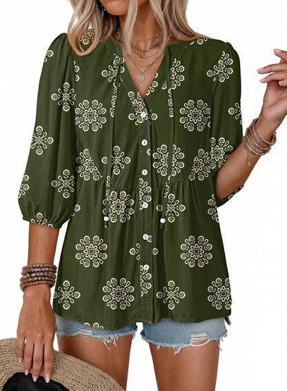 Button Down Shirts. V Neck. Tie Front. 3/4 Sleeve. Business Casual Tops. Loose Fit. Babydoll Peplum Blouses. Fashion Clothing