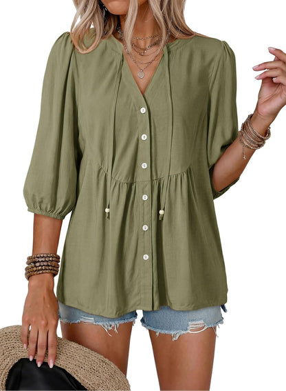 Button Down Shirts. V Neck. Tie Front. 3/4 Sleeve. Business Casual Tops. Loose Fit. Babydoll Peplum Blouses. Fashion Clothing