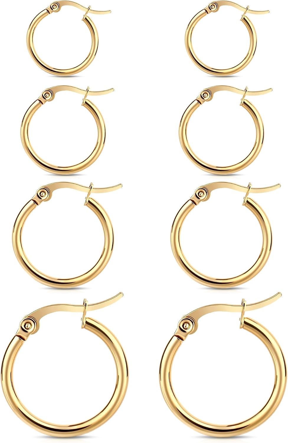 4 Pairs Gold Hoop Earrings for Women. Surgical Steel Small Huggie Set | 14K Gold Plated Stainless Steel. Hypoallergenic. 10/12/15/20mm. Snap Closure. Lightweight. Dangle.