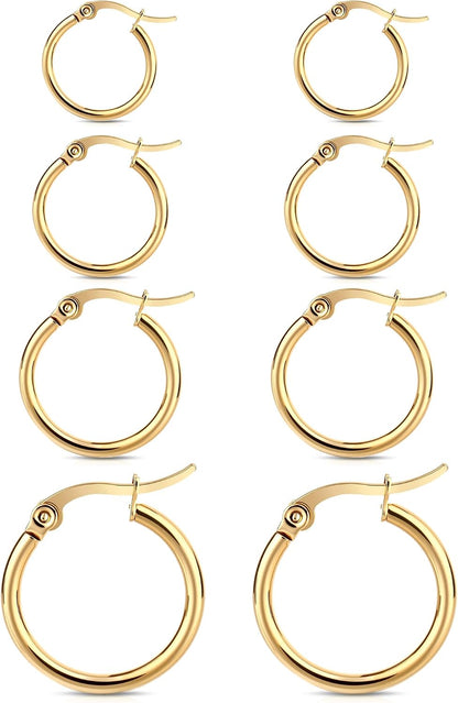 4 Pairs Gold Hoop Earrings for Women. Surgical Steel Small Huggie Set | 14K Gold Plated Stainless Steel. Hypoallergenic. 10/12/15/20mm. Snap Closure. Lightweight. Dangle.