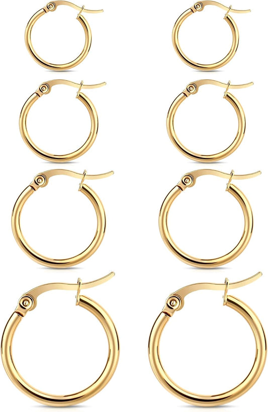 4 Pairs Gold Hoop Earrings for Women. Surgical Steel Small Huggie Set | 14K Gold Plated Stainless Steel. Hypoallergenic. 10/12/15/20mm. Snap Closure. Lightweight. Dangle.