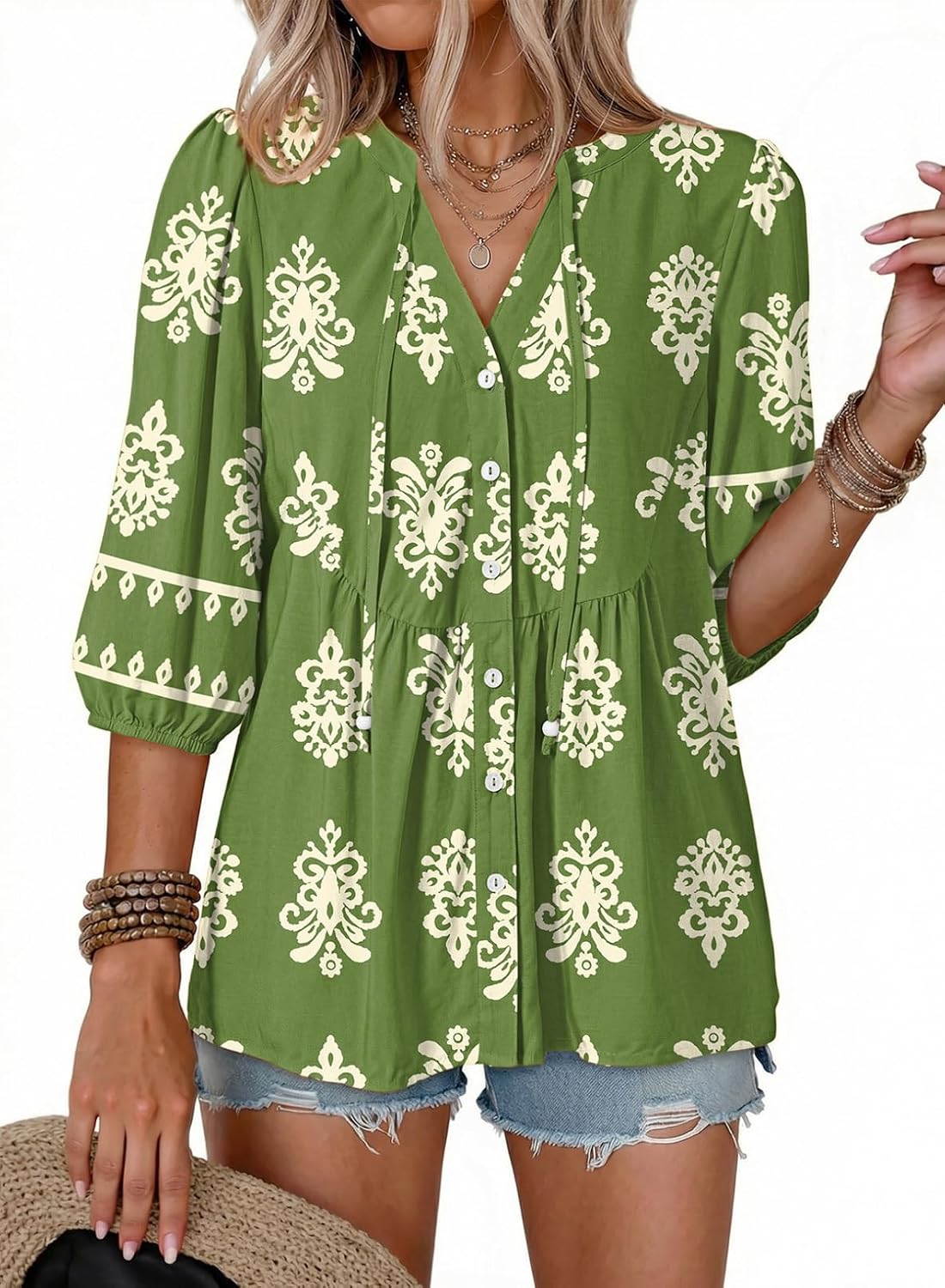 Button Down Shirts. V Neck. Tie Front. 3/4 Sleeve. Business Casual Tops. Loose Fit. Babydoll Peplum Blouses. Fashion Clothing