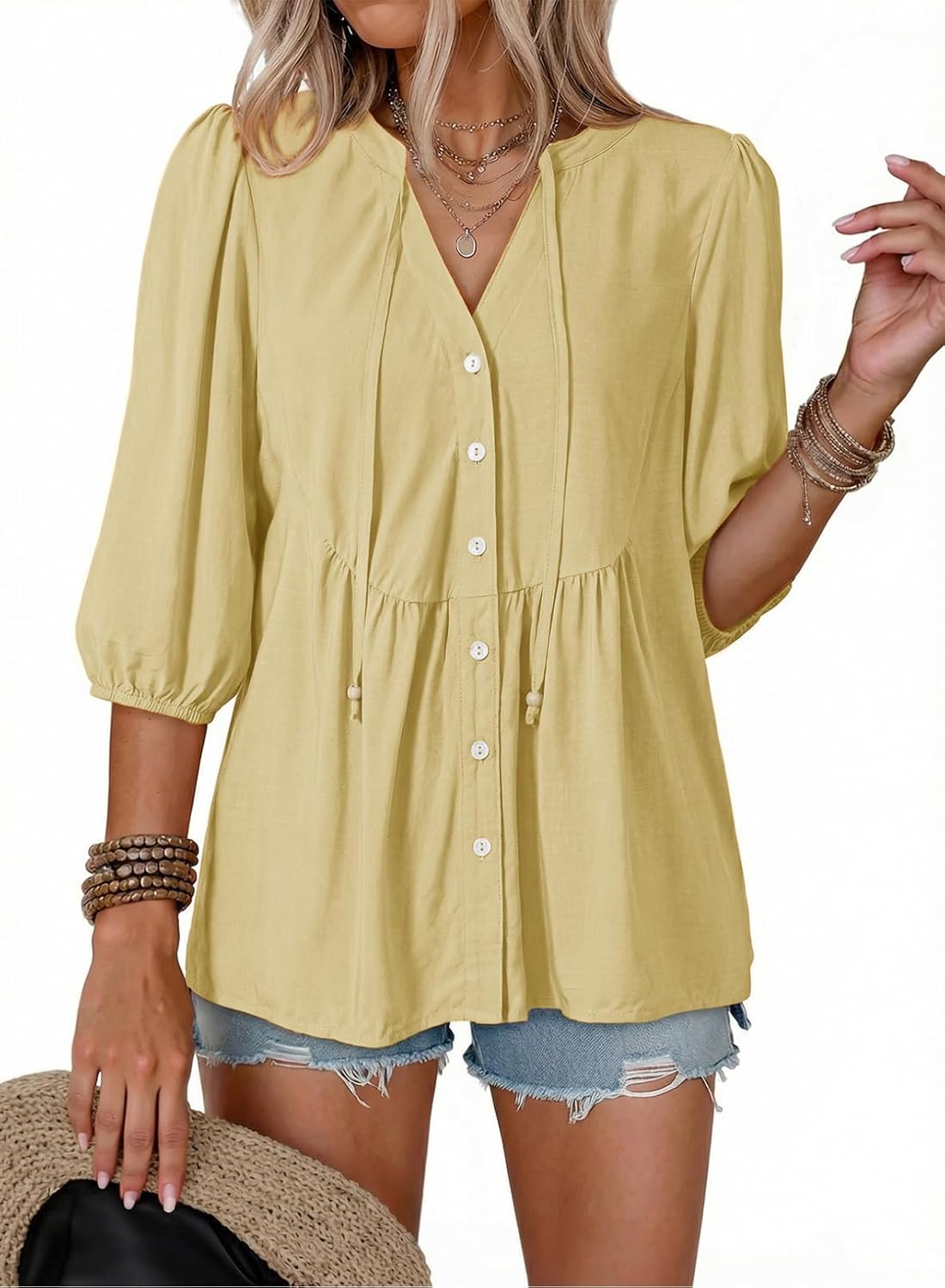 Button Down Shirts. V Neck. Tie Front. 3/4 Sleeve. Business Casual Tops. Loose Fit. Babydoll Peplum Blouses. Fashion Clothing
