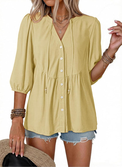 Button Down Shirts. V Neck. Tie Front. 3/4 Sleeve. Business Casual Tops. Loose Fit. Babydoll Peplum Blouses. Fashion Clothing