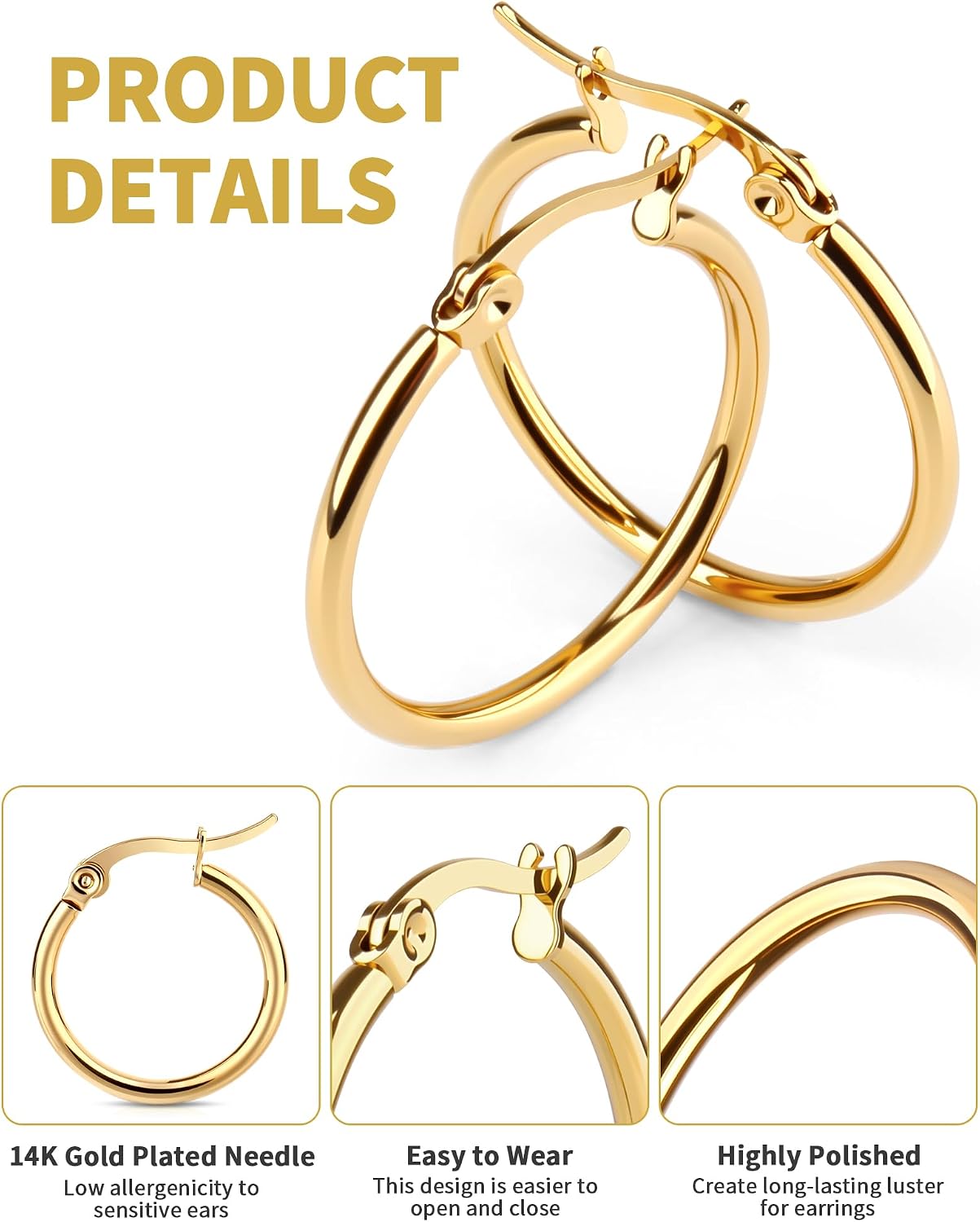 4 Pairs Gold Hoop Earrings for Women. Surgical Steel Small Huggie Set | 14K Gold Plated Stainless Steel. Hypoallergenic. 10/12/15/20mm. Snap Closure. Lightweight. Dangle.