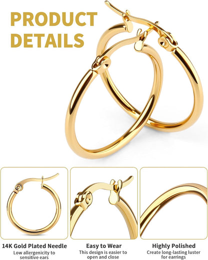 4 Pairs Gold Hoop Earrings for Women. Surgical Steel Small Huggie Set | 14K Gold Plated Stainless Steel. Hypoallergenic. 10/12/15/20mm. Snap Closure. Lightweight. Dangle.