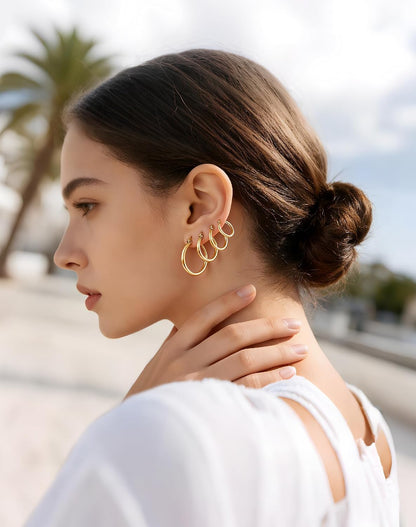 4 Pairs Gold Hoop Earrings for Women. Surgical Steel Small Huggie Set | 14K Gold Plated Stainless Steel. Hypoallergenic. 10/12/15/20mm. Snap Closure. Lightweight. Dangle.