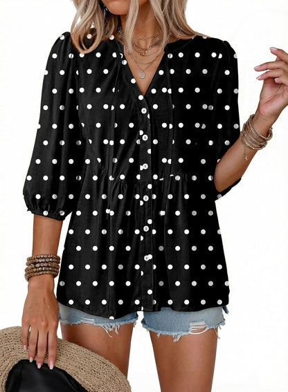 Button Down Shirts. V Neck. Tie Front. 3/4 Sleeve. Business Casual Tops. Loose Fit. Babydoll Peplum Blouses. Fashion Clothing