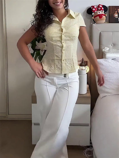 Women Y2k Gingham Button Down Shirt Cute V Neck Collared Slim Fit Short Sleeve Cinch Waist Tshirt Retro Going Out Top