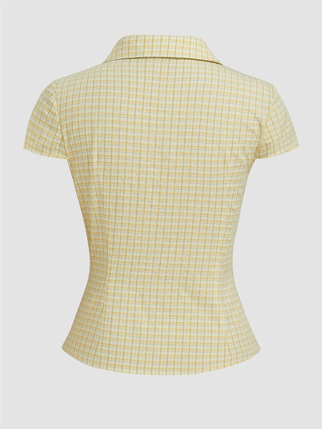Women Y2k Gingham Button Down Shirt Cute V Neck Collared Slim Fit Short Sleeve Cinch Waist Tshirt Retro Going Out Top