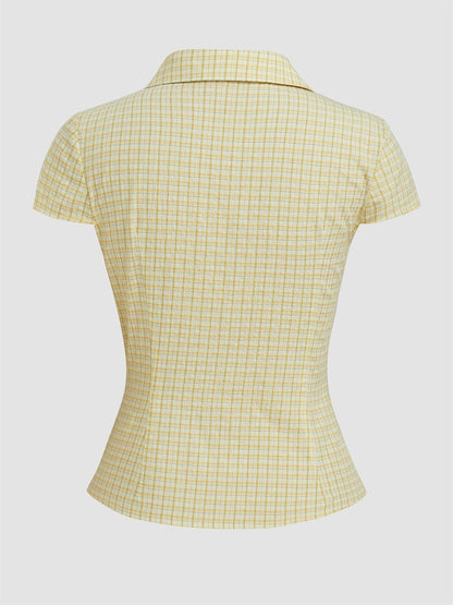 Women Y2k Gingham Button Down Shirt Cute V Neck Collared Slim Fit Short Sleeve Cinch Waist Tshirt Retro Going Out Top