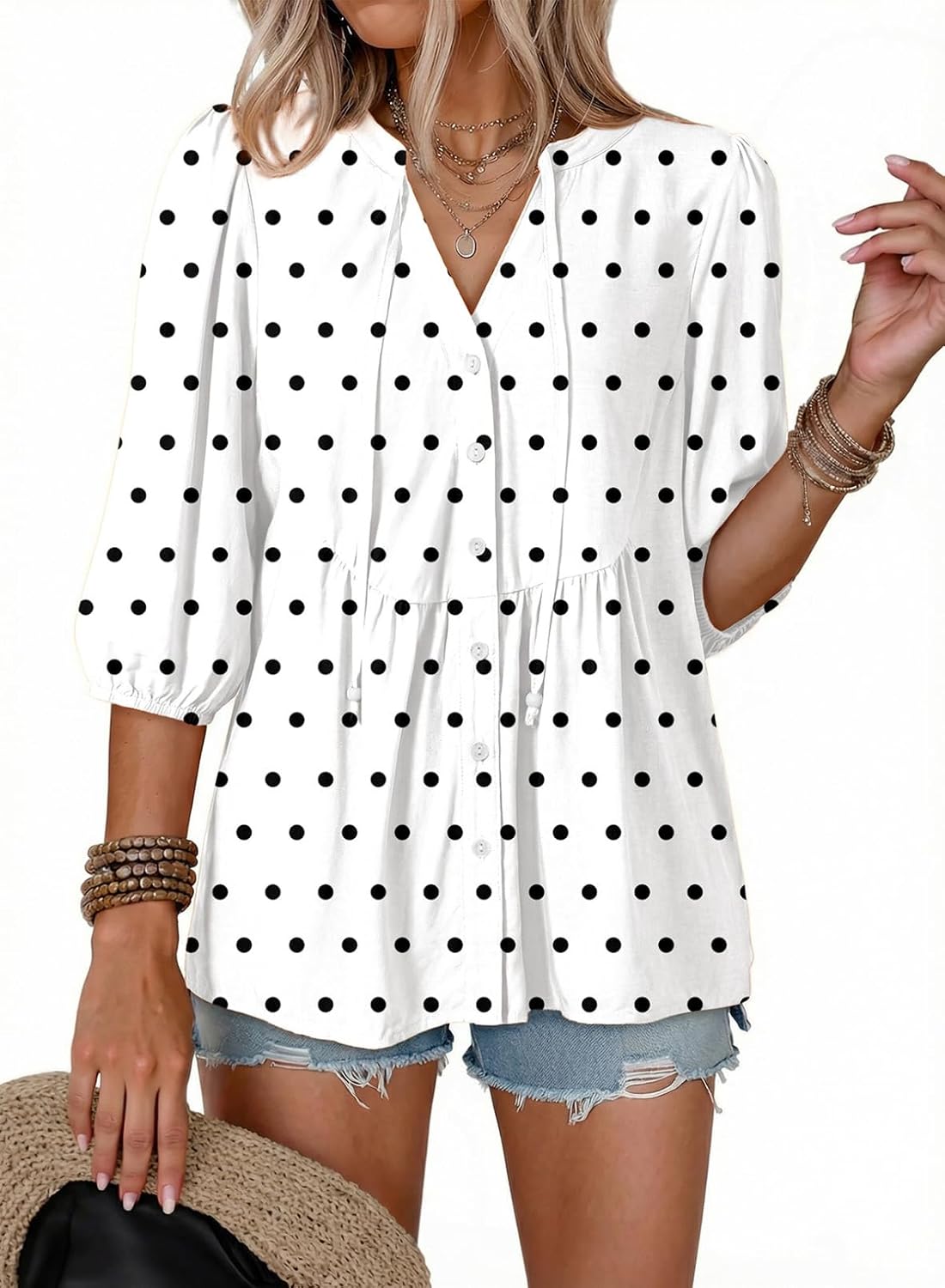 Button Down Shirts. V Neck. Tie Front. 3/4 Sleeve. Business Casual Tops. Loose Fit. Babydoll Peplum Blouses. Fashion Clothing