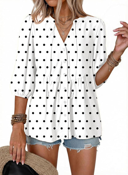 Button Down Shirts. V Neck. Tie Front. 3/4 Sleeve. Business Casual Tops. Loose Fit. Babydoll Peplum Blouses. Fashion Clothing