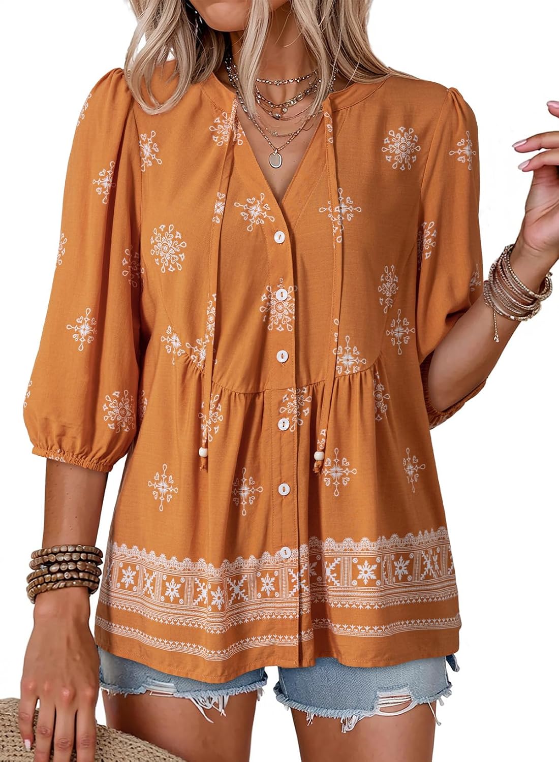 Button Down Shirts. V Neck. Tie Front. 3/4 Sleeve. Business Casual Tops. Loose Fit. Babydoll Peplum Blouses. Fashion Clothing