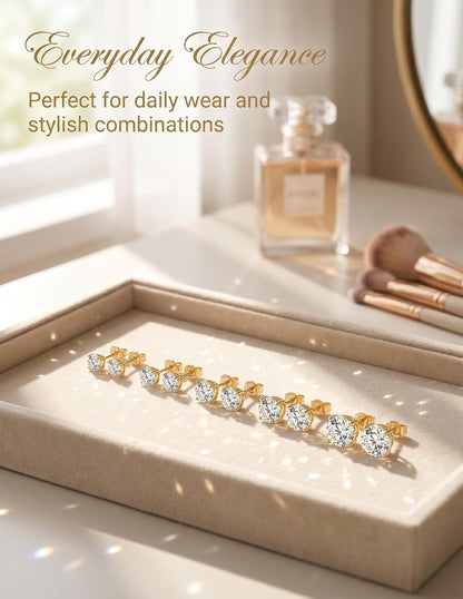 5 Pairs 14K Gold Plated Studs Earrings for Women. CZ Multiple Piercing Set | Hypoallergenic CZ Stud Earrings Set. 3-7mm Cubic Zirconia. Lightweight Comfortable Studs. Non Tarnish Jewelry.