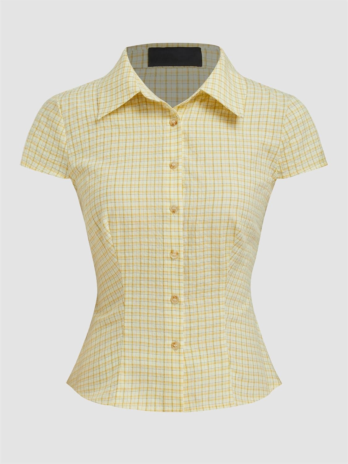 Women Y2k Gingham Button Down Shirt Cute V Neck Collared Slim Fit Short Sleeve Cinch Waist Tshirt Retro Going Out Top