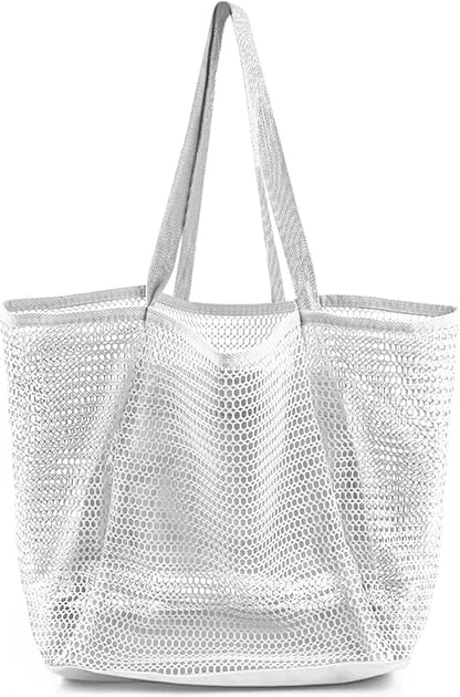 Summer Travel Mesh Tote Bag with Large Inner Pocket. Sandproof Woven Shoulder Handbag Swim Pool Bag.