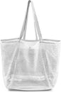 Summer Travel Mesh Tote Bag with Large Inner Pocket. Sandproof Woven Shoulder Handbag Swim Pool Bag.