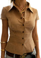 Women Y2k Gingham Button Down Shirt Cute V Neck Collared Slim Fit Short Sleeve Cinch Waist Tshirt Retro Going Out Top