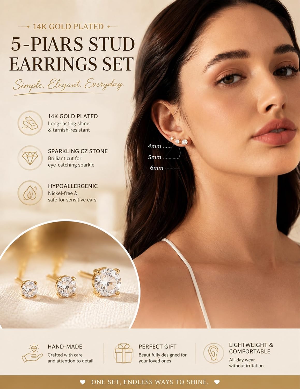 5 Pairs 14K Gold Plated Studs Earrings for Women. CZ Multiple Piercing Set | Hypoallergenic CZ Stud Earrings Set. 3-7mm Cubic Zirconia. Lightweight Comfortable Studs. Non Tarnish Jewelry.
