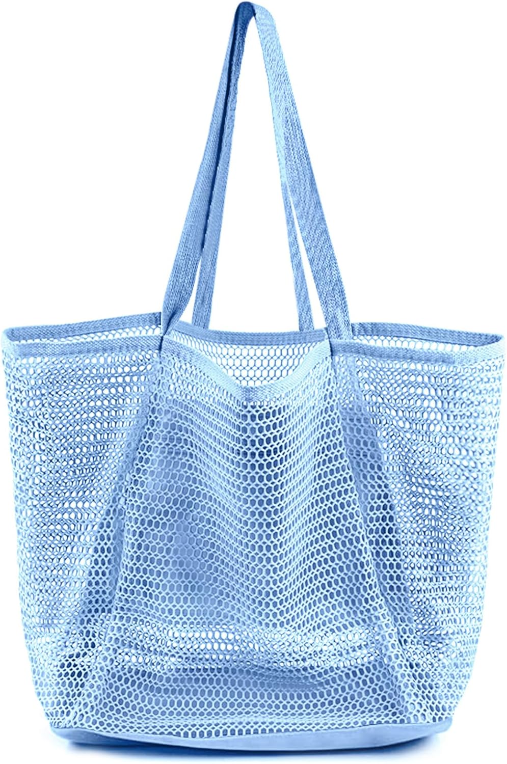 Summer Travel Mesh Tote Bag with Large Inner Pocket. Sandproof Woven Shoulder Handbag Swim Pool Bag.