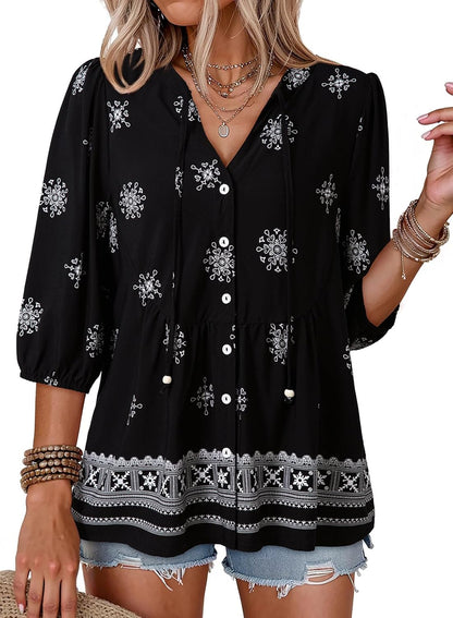 Button Down Shirts. V Neck. Tie Front. 3/4 Sleeve. Business Casual Tops. Loose Fit. Babydoll Peplum Blouses. Fashion Clothing