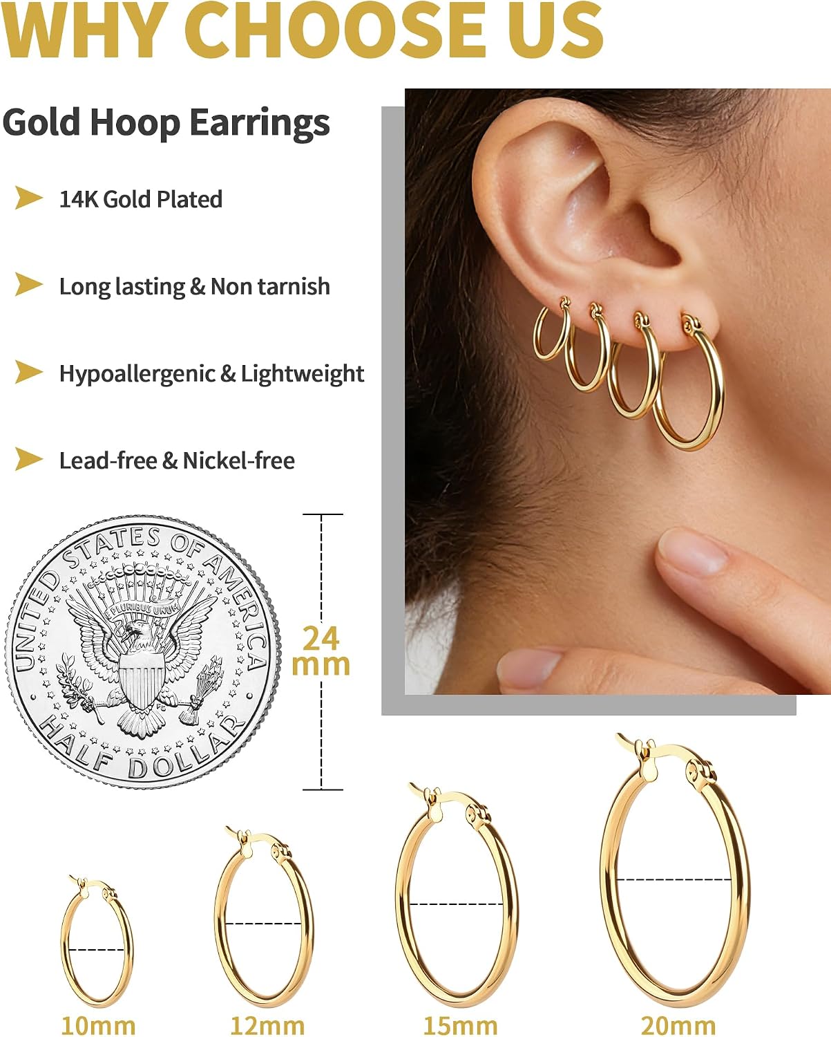4 Pairs Gold Hoop Earrings for Women. Surgical Steel Small Huggie Set | 14K Gold Plated Stainless Steel. Hypoallergenic. 10/12/15/20mm. Snap Closure. Lightweight. Dangle.